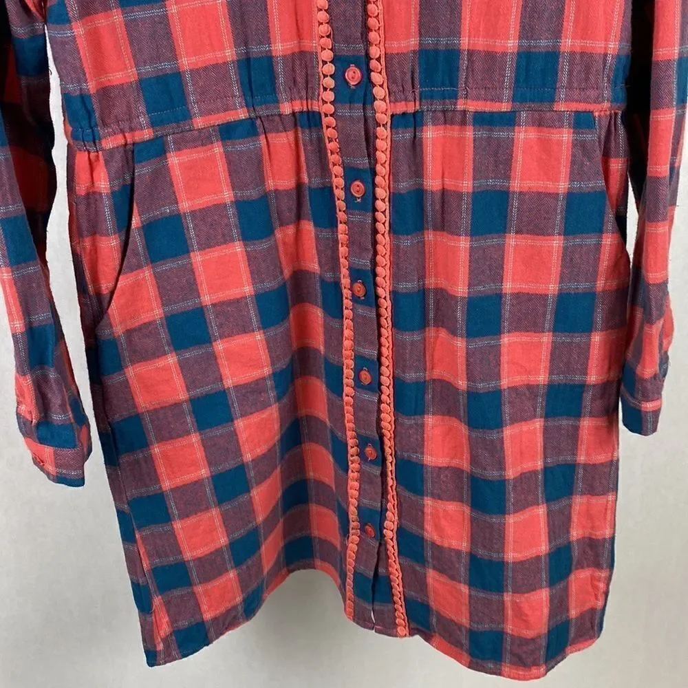 Esley Plaid Shirt Dress Small Pink Blue Long Sleeve Cotton Cinch Tie Waist